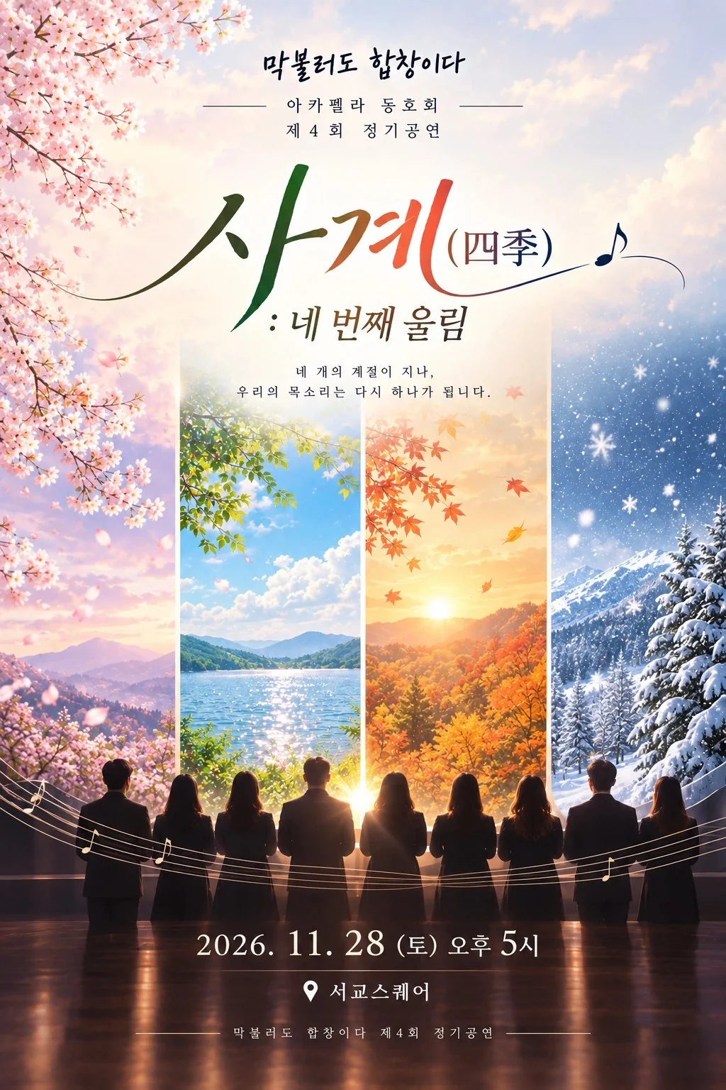 사계(四季) : 네 번째 울림 공연 포스터 — 벚꽃, 신록, 단풍, 설경 속에 선 합창단의 뒷모습